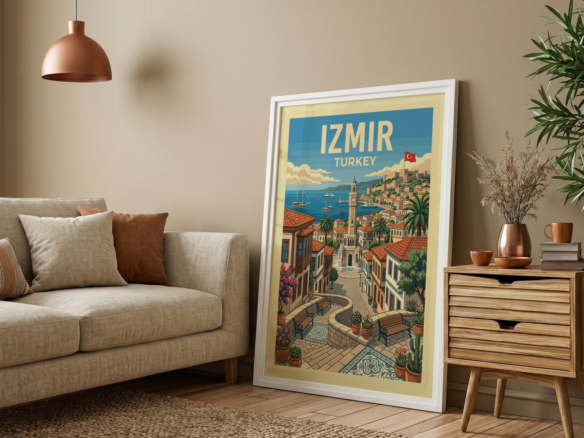 Vintage Izmir travel poster featuring a coastal cityscape with a clock tower and sailboats, rendered in a