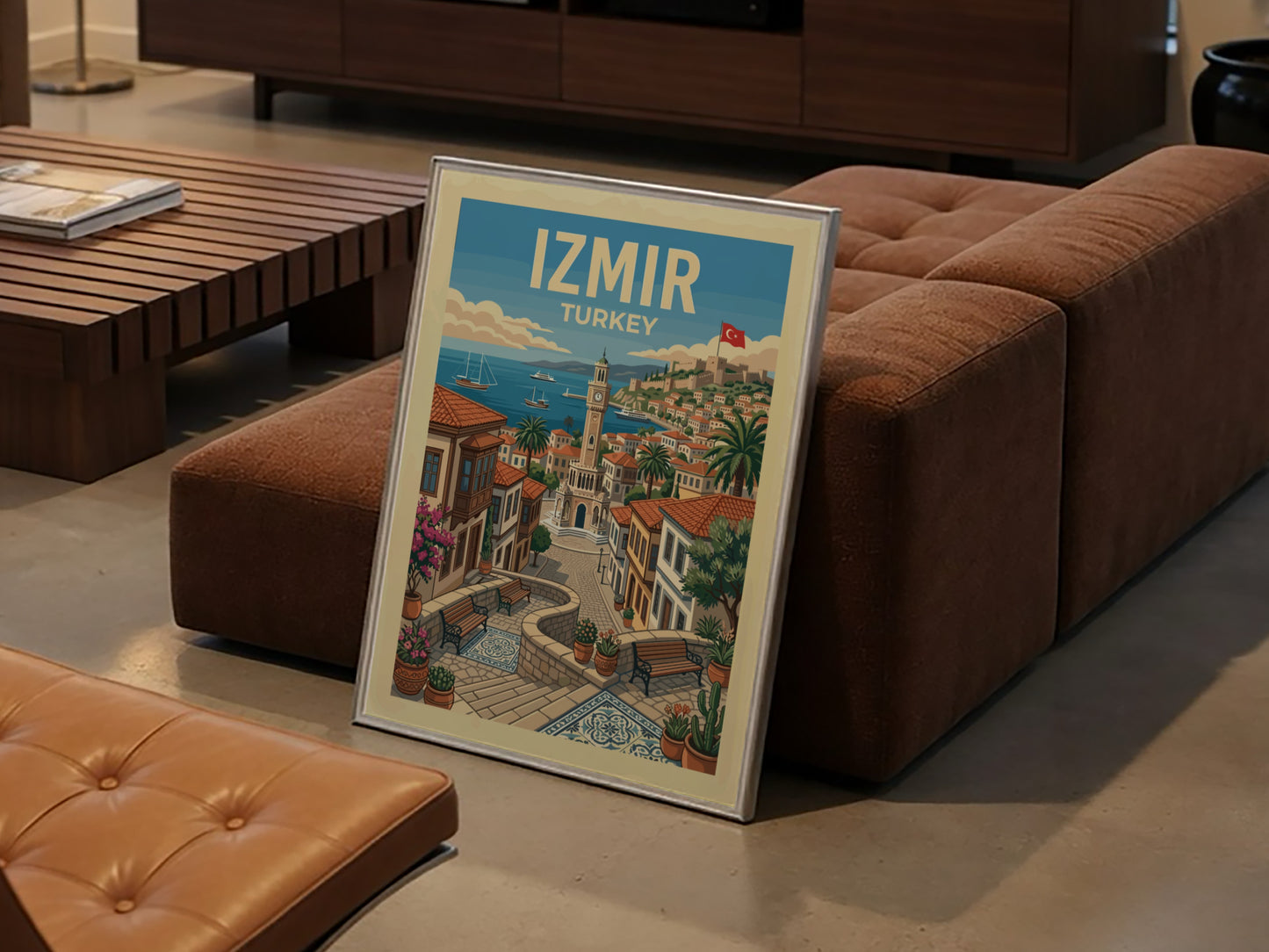 Vintage Izmir travel poster featuring a coastal cityscape with a clock tower and sailboats, rendered in a