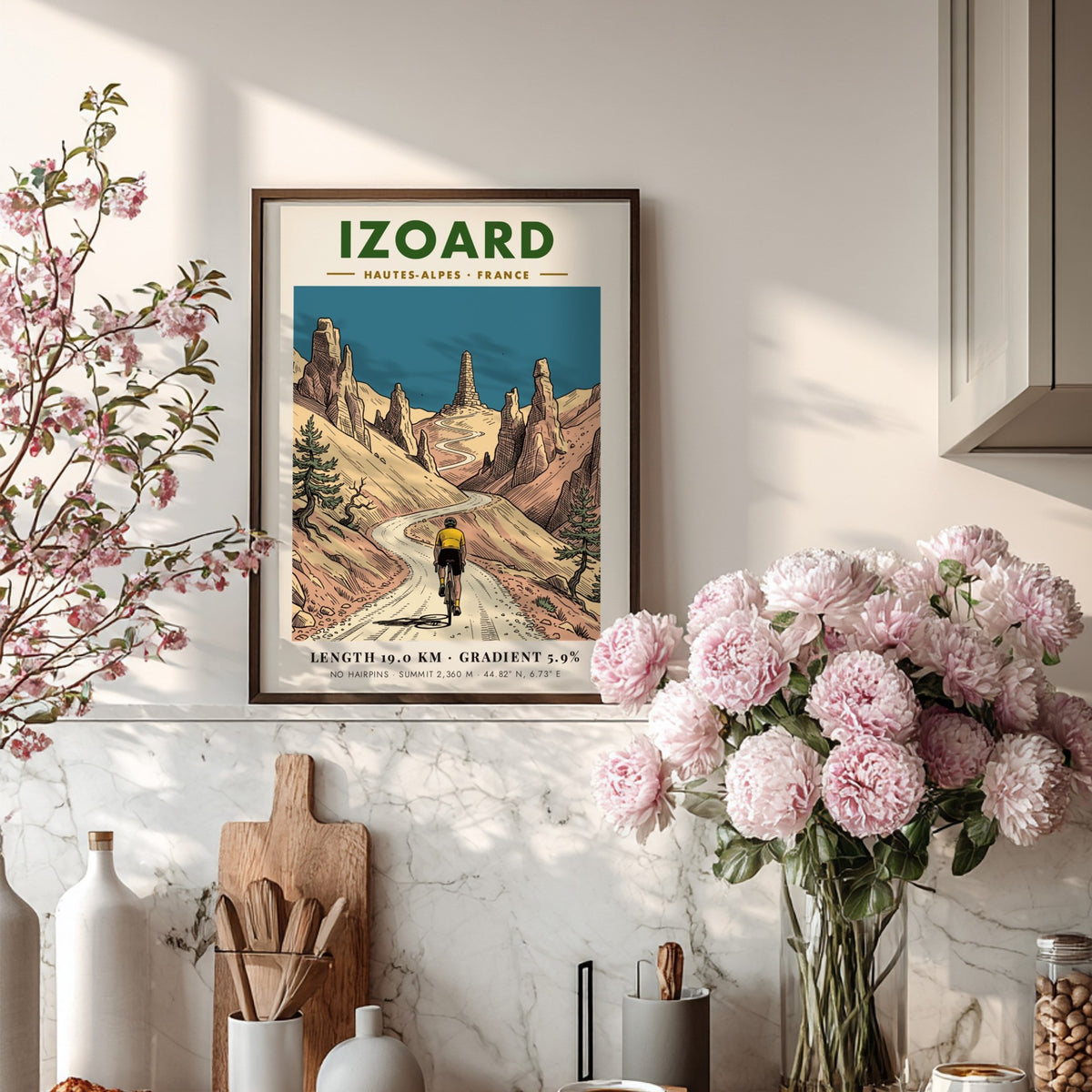 Cycling poster showing a rider climbing the Izoard mountain road in the French Alps