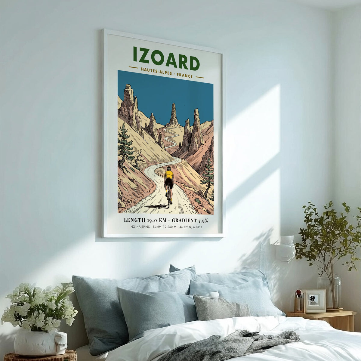 Cycling poster showing a rider climbing the Izoard mountain road in the French Alps