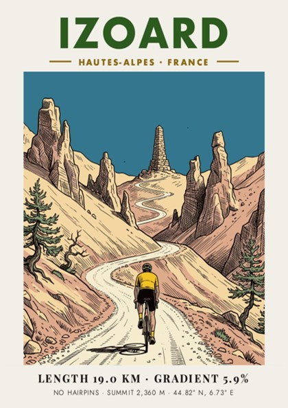 Cycling poster showing a rider climbing the Izoard mountain road in the French Alps