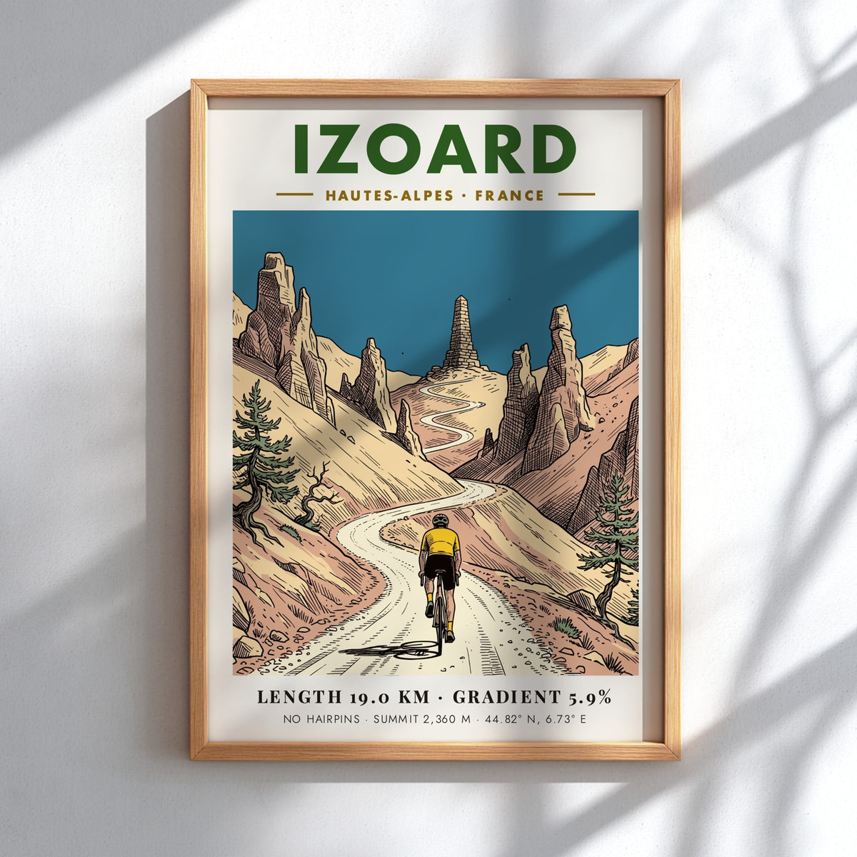 Cycling poster showing a rider climbing the Izoard mountain road in the French Alps
