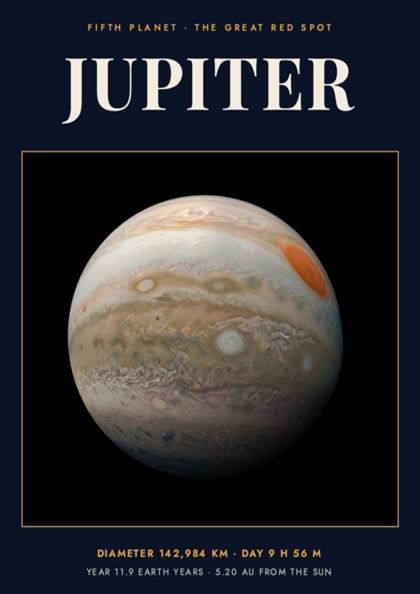 Poster of the planet Jupiter against a black background with white planetary data text