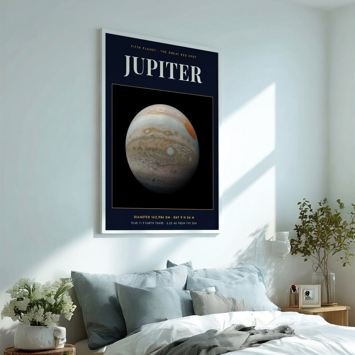 Poster of the planet Jupiter against a black background with white planetary data text