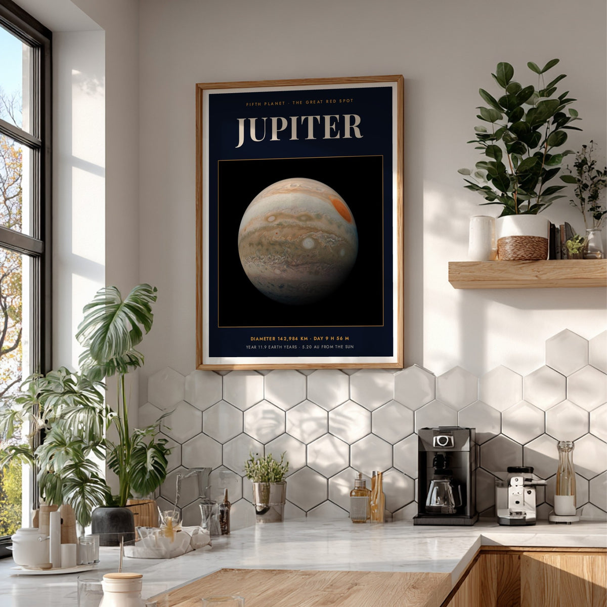Poster of the planet Jupiter against a black background with white planetary data text