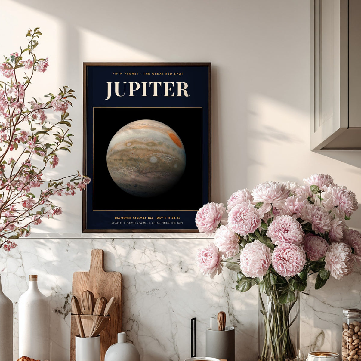 Poster of the planet Jupiter against a black background with white planetary data text