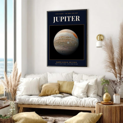 Poster of the planet Jupiter against a black background with white planetary data text