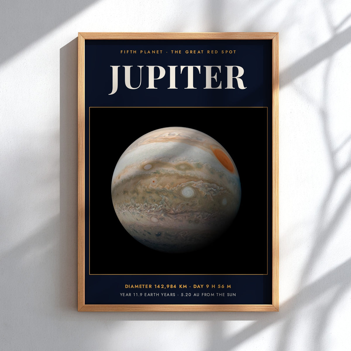 Poster of the planet Jupiter against a black background with white planetary data text