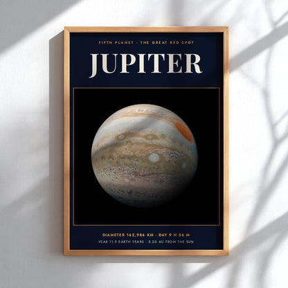 Poster of the planet Jupiter against a black background with white planetary data text