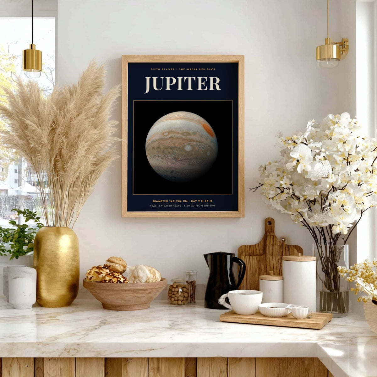 Poster of the planet Jupiter against a black background with white planetary data text