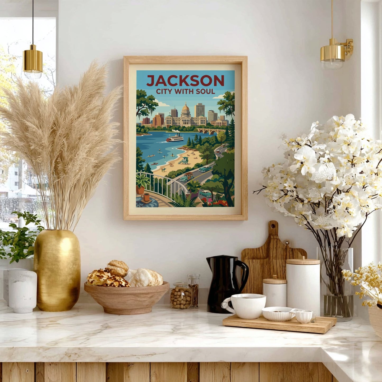 Retro travel poster of Jackson cityscape with vintage cars, paddleboat, and beach scene in a warm,