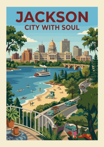 Retro travel poster of Jackson cityscape with vintage cars, paddleboat, and beach scene in a warm,