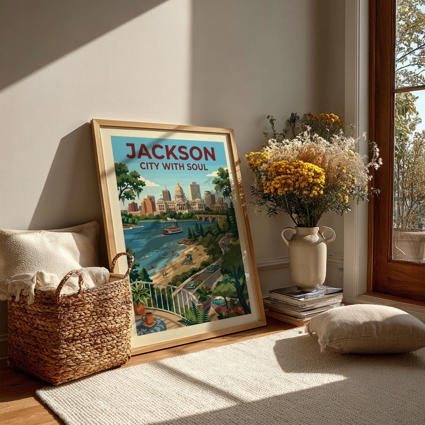 Retro travel poster of Jackson cityscape with vintage cars, paddleboat, and beach scene in a warm,
