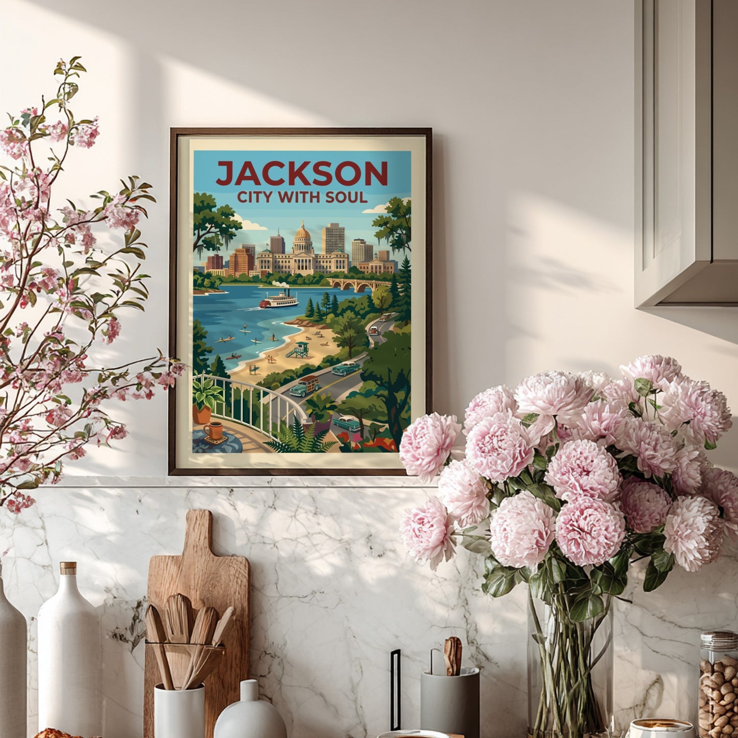 Retro travel poster of Jackson cityscape with vintage cars, paddleboat, and beach scene in a warm,