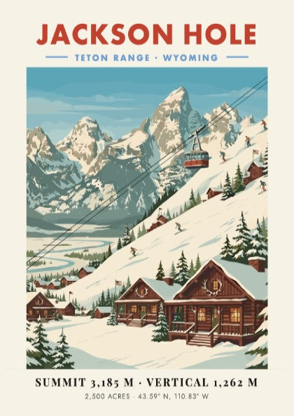 Jackson Hole ski resort poster featuring Teton Range, vintage style, snowy mountains, and cozy lodges in warm