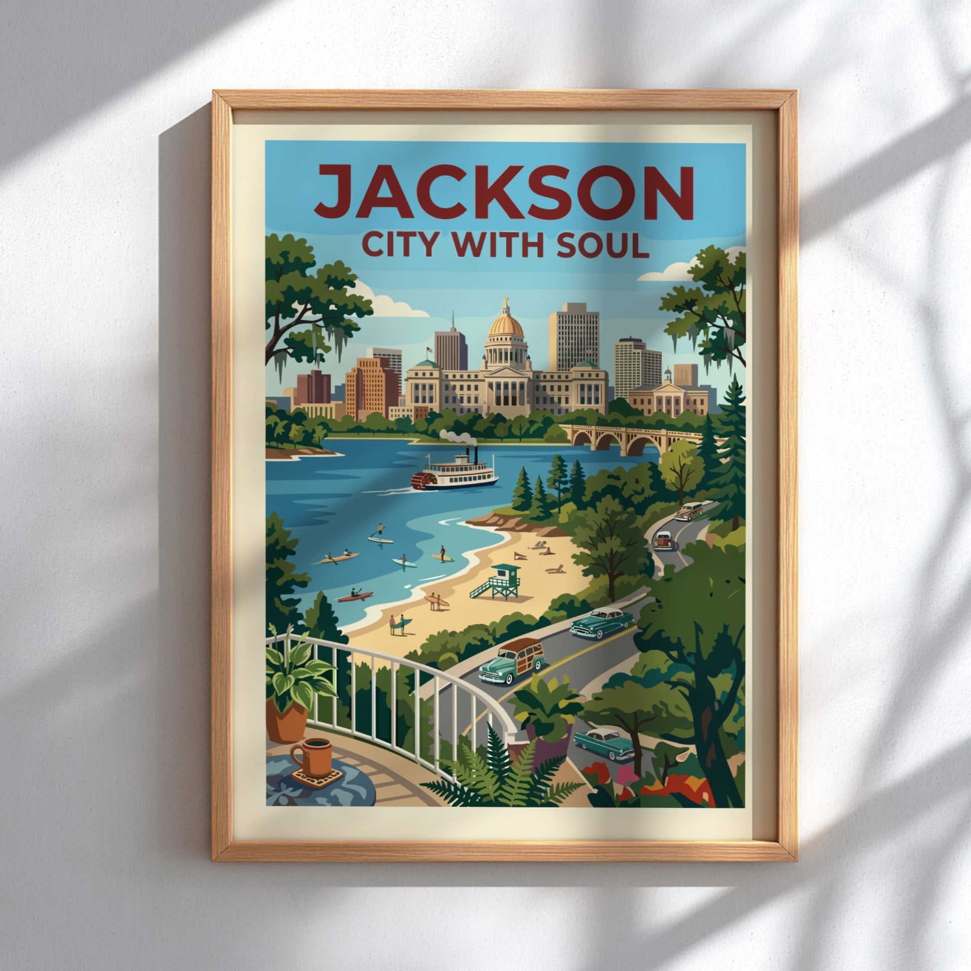 Retro travel poster of Jackson cityscape with vintage cars, paddleboat, and beach scene in a warm,