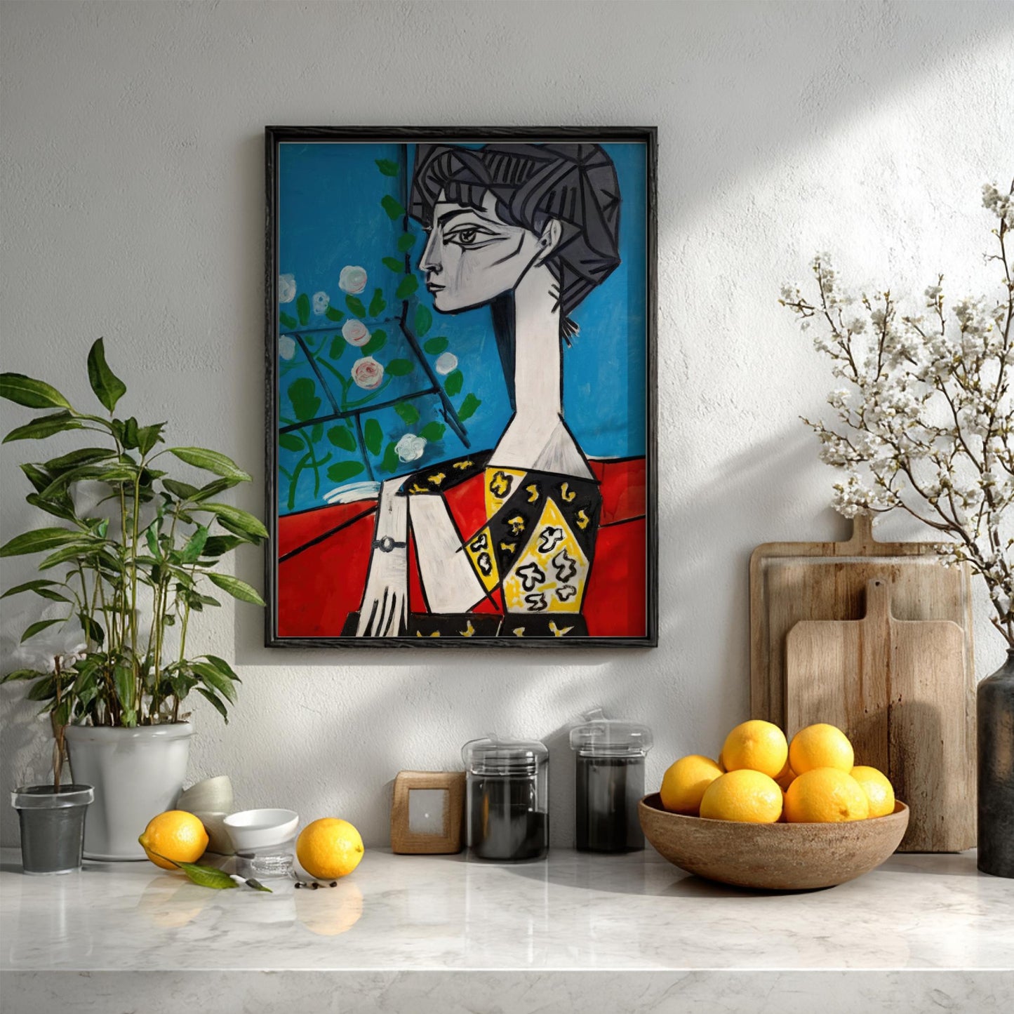 Jacqueline with Flowers - Modern Minimalist Picasso-Inspired Wall Art