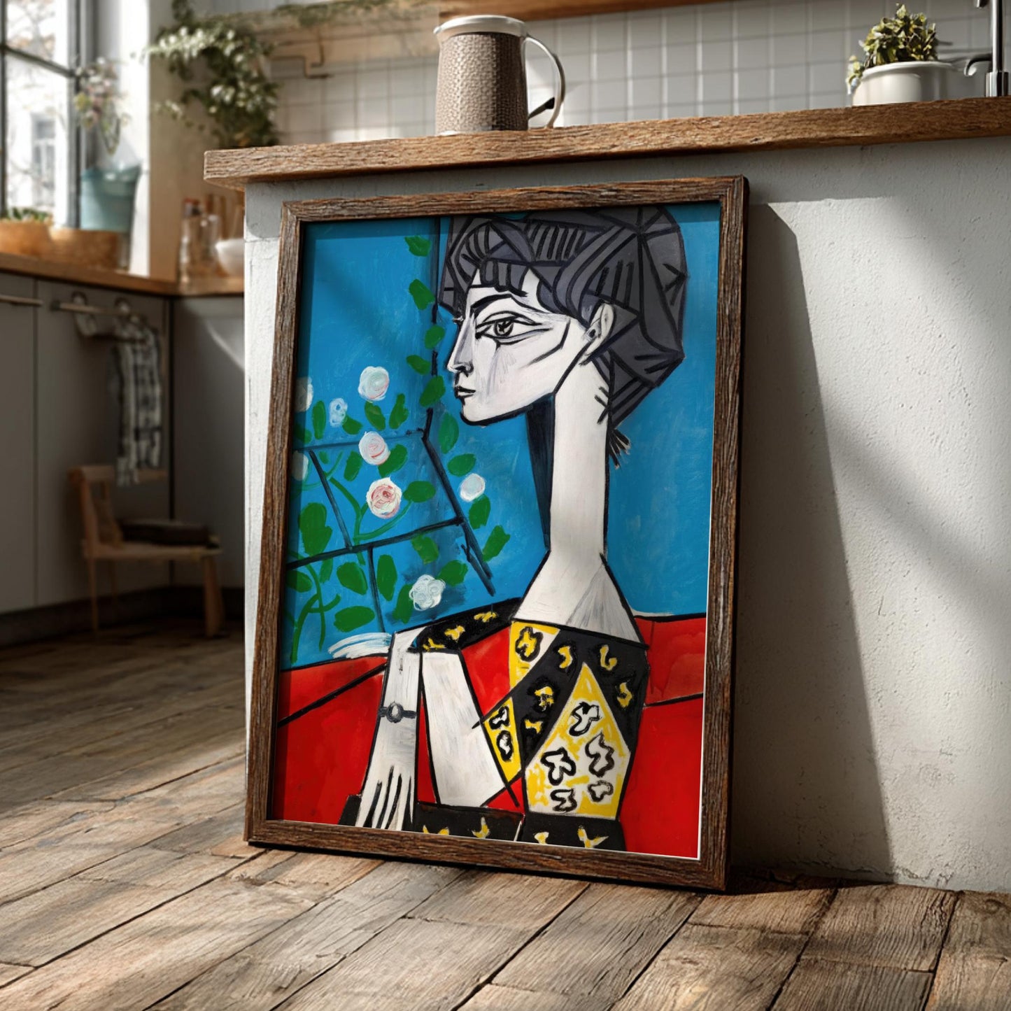 Jacqueline with Flowers - Modern Minimalist Picasso-Inspired Wall Art