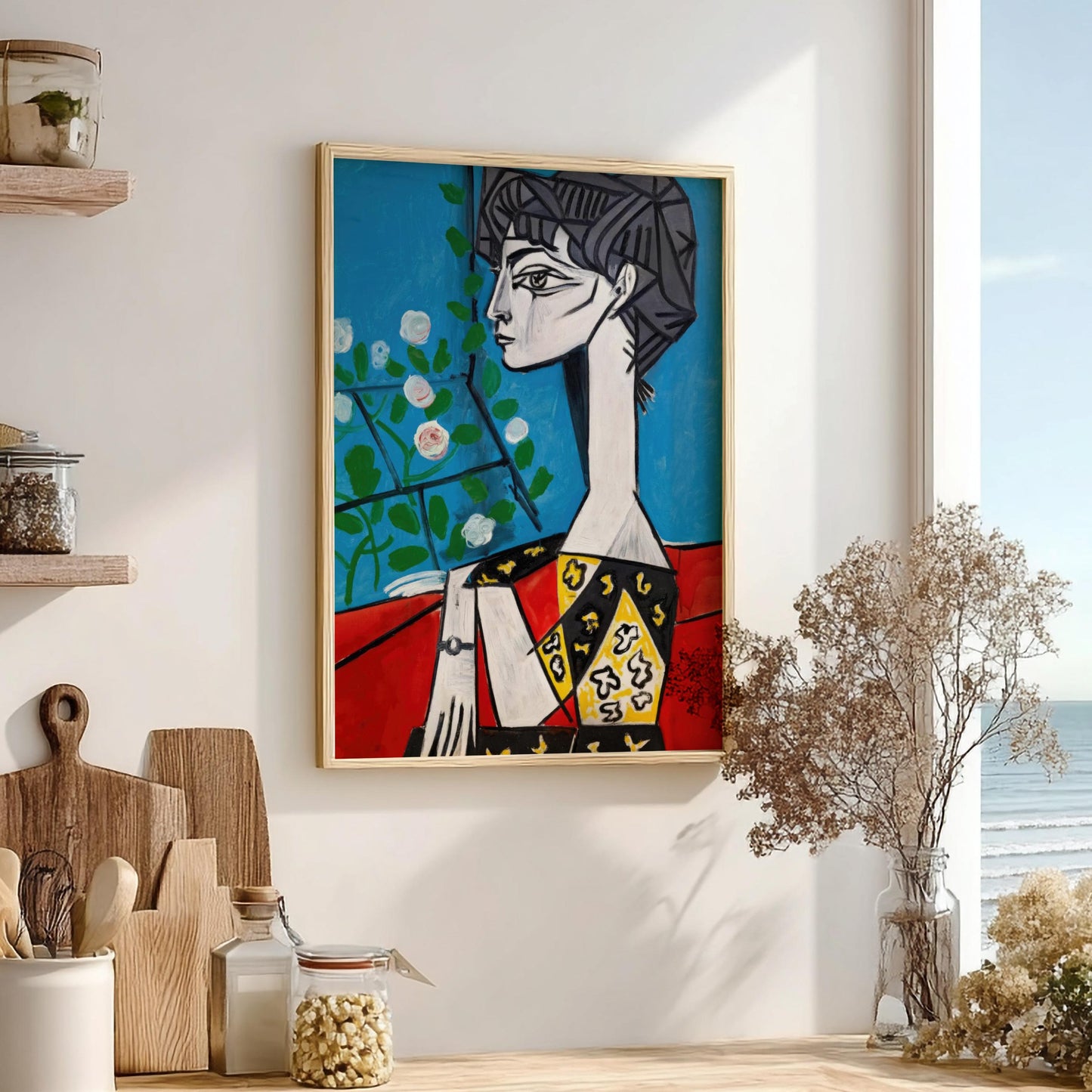 Jacqueline with Flowers - Modern Minimalist Picasso-Inspired Wall Art