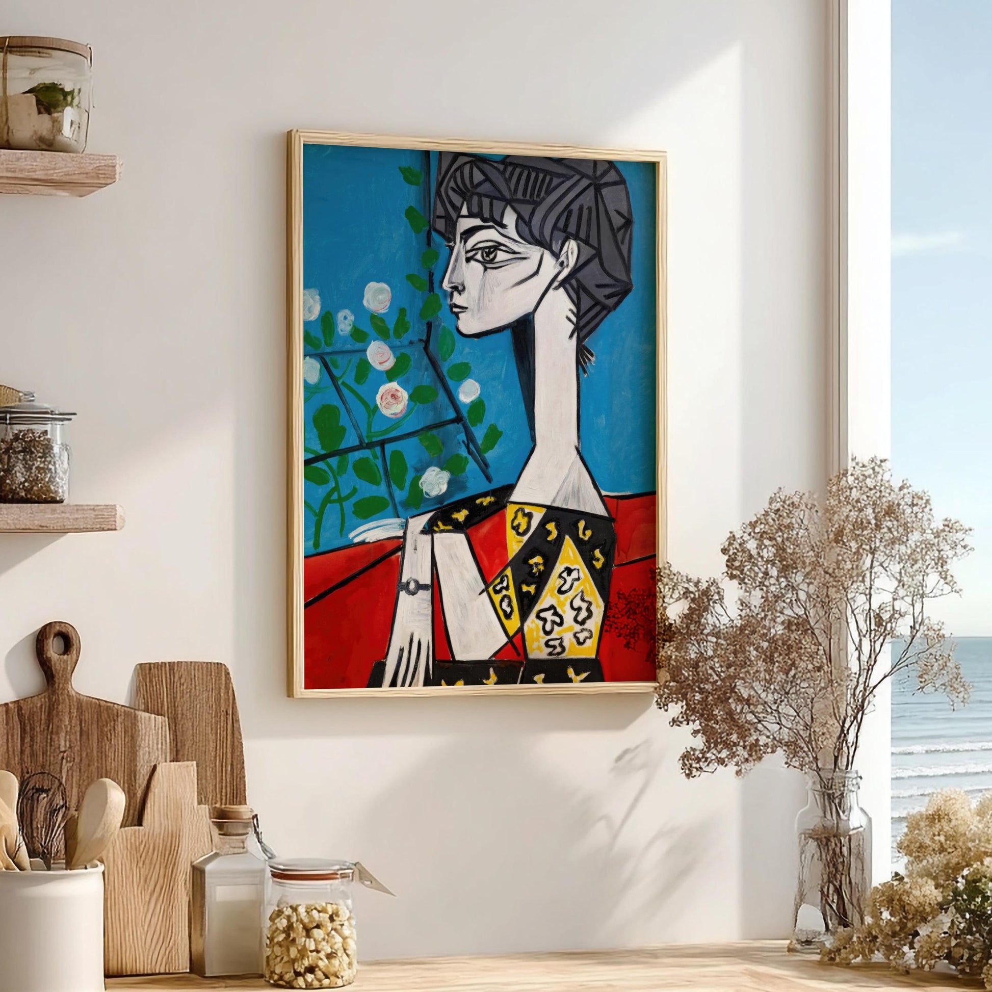 Jacqueline with Flowers - Modern Minimalist Picasso-Inspired Wall Art