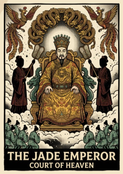 Poster featuring the Jade Emperor on a throne with dragons and phoenixes above