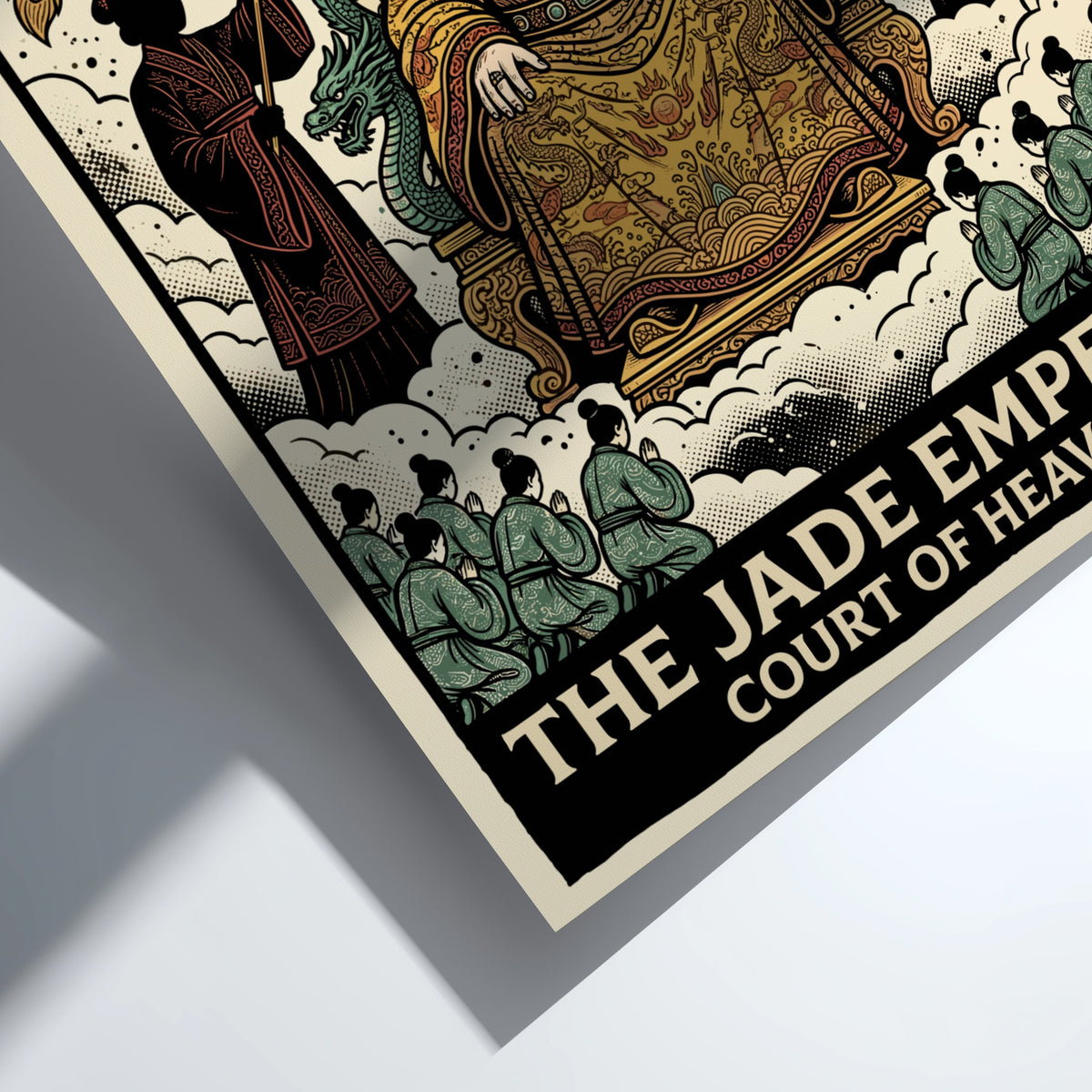 Poster featuring the Jade Emperor on a throne with dragons and phoenixes above