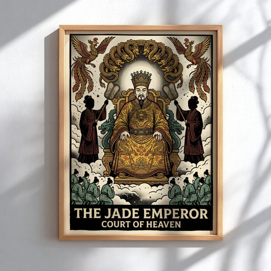 Poster featuring the Jade Emperor on a throne with dragons and phoenixes above