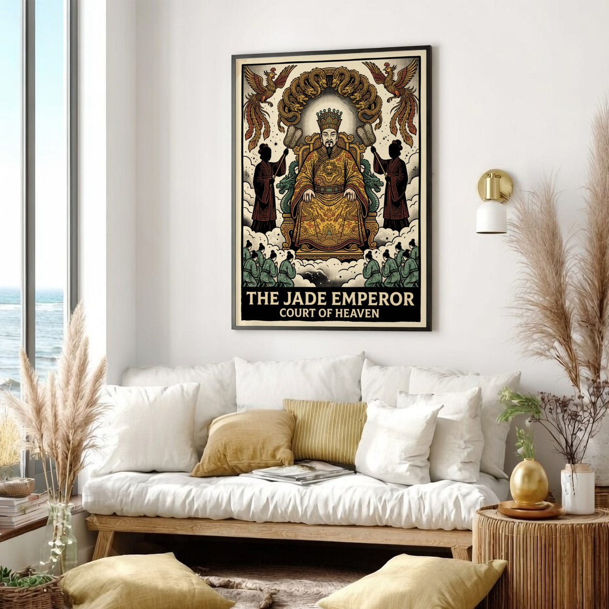Poster featuring the Jade Emperor on a throne with dragons and phoenixes above