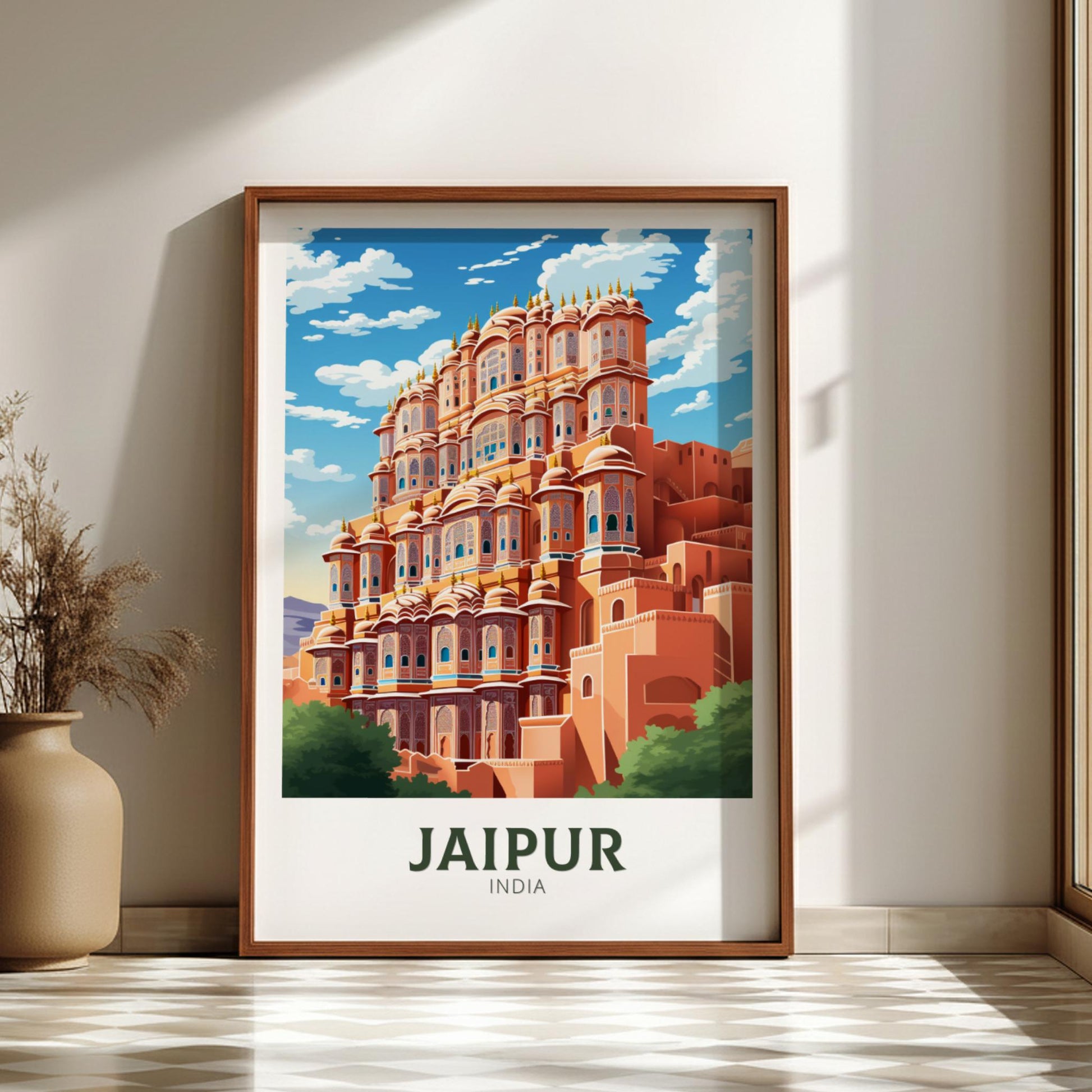 Framed poster of Jaipur, India with a building on a wall.
