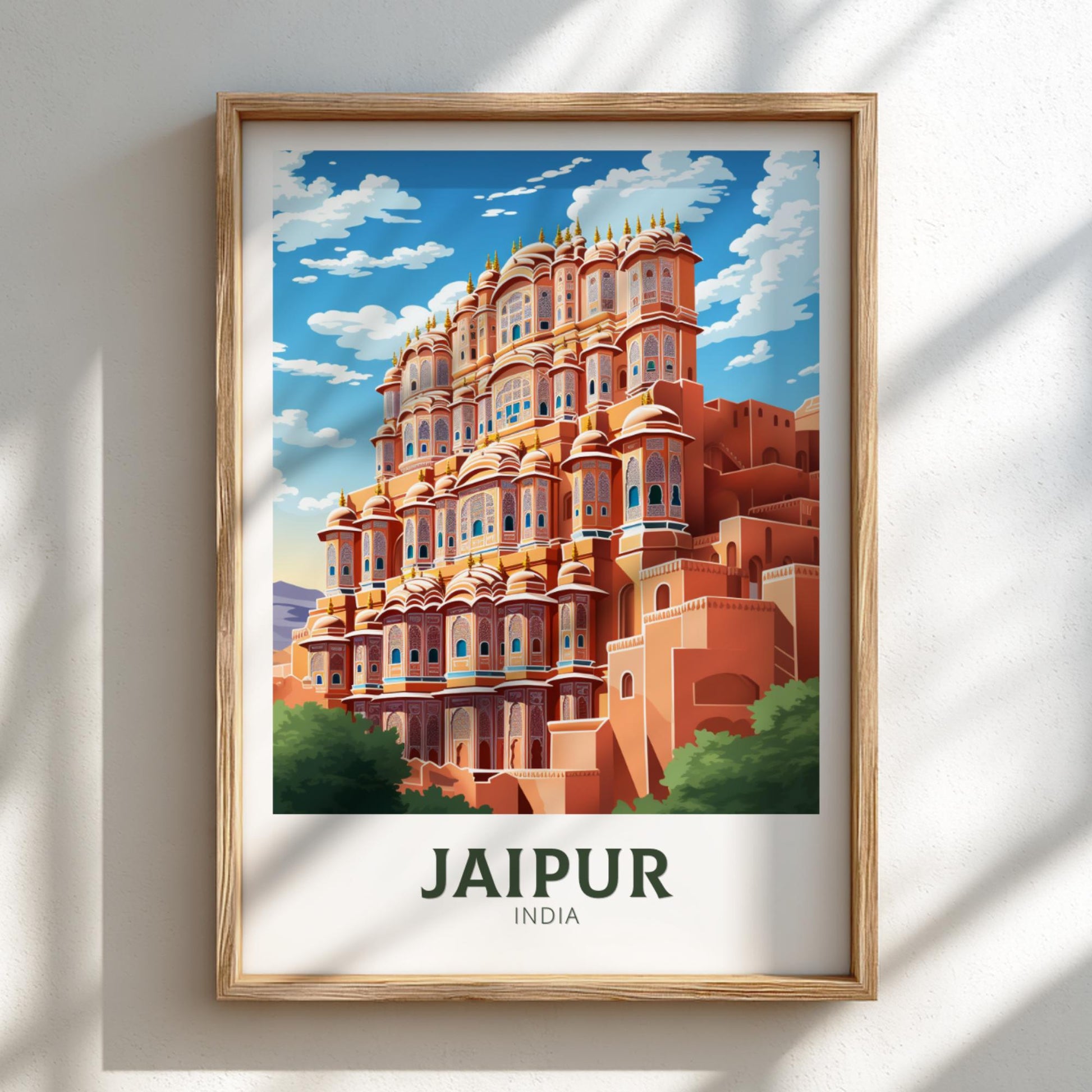 Framed poster of Jaipur, India with a colorful building illustration.