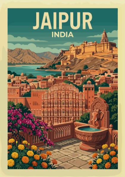 Jaipur India travel poster with vintage illustration of city and fort, warm color palette.