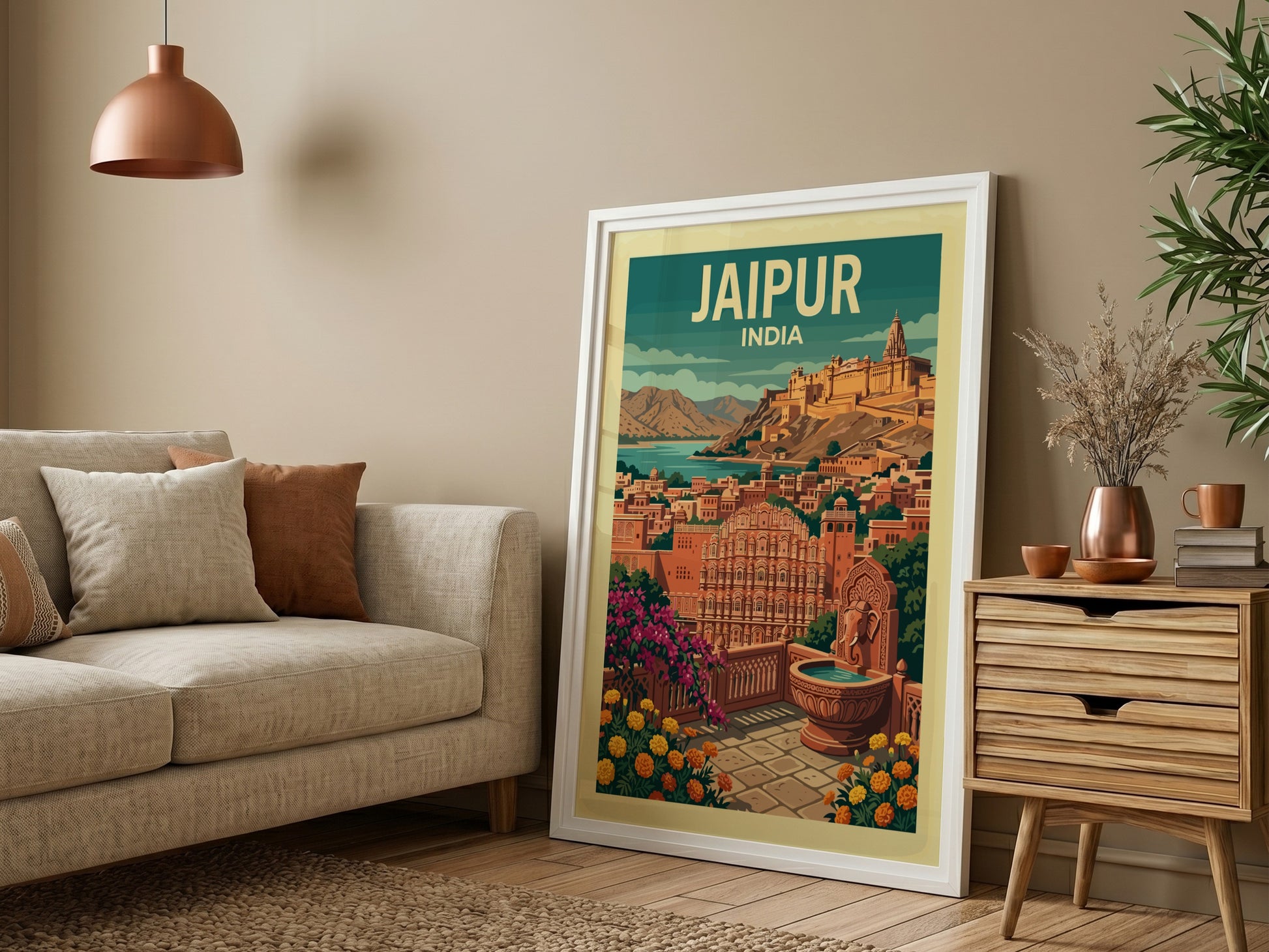 Jaipur India travel poster with vintage illustration of city and fort, warm color palette.