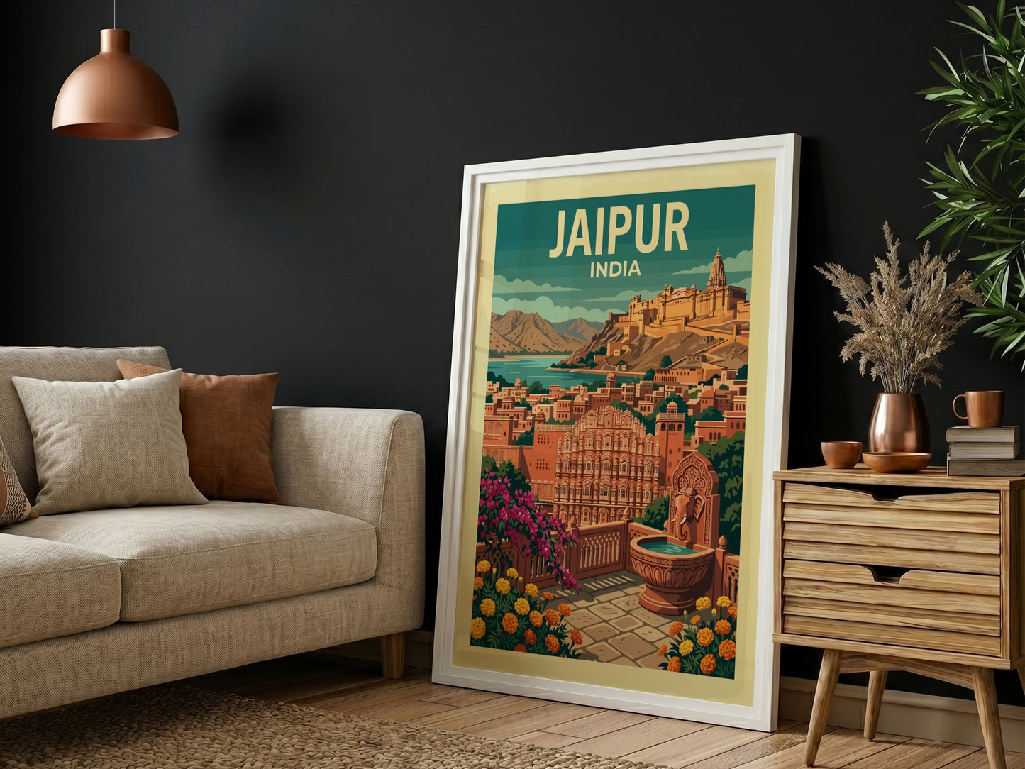 Jaipur India travel poster with vintage illustration of city and fort, warm color palette.