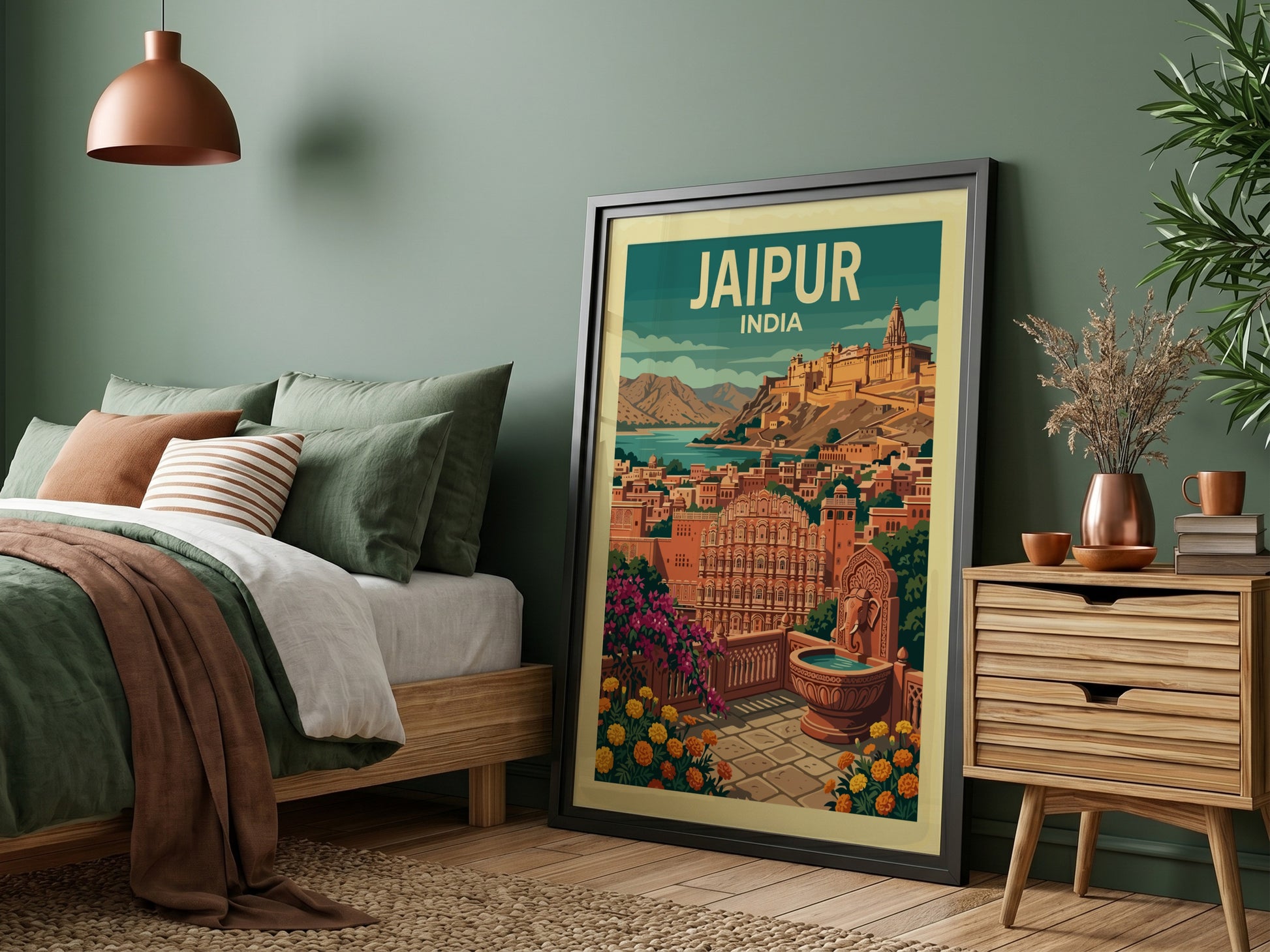 Jaipur India travel poster with vintage illustration of city and fort, warm color palette.