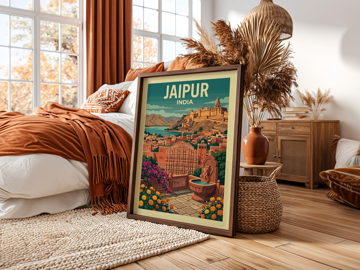 Jaipur India travel poster with vintage illustration of city and fort, warm color palette.