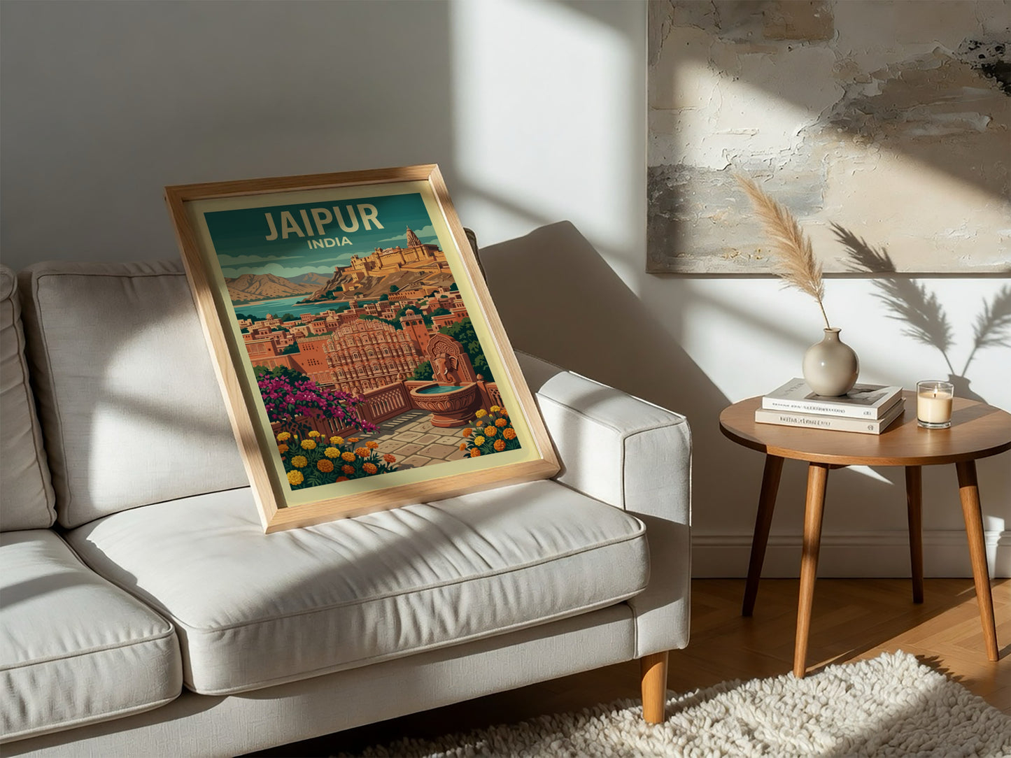 Jaipur India travel poster with vintage illustration of city and fort, warm color palette.
