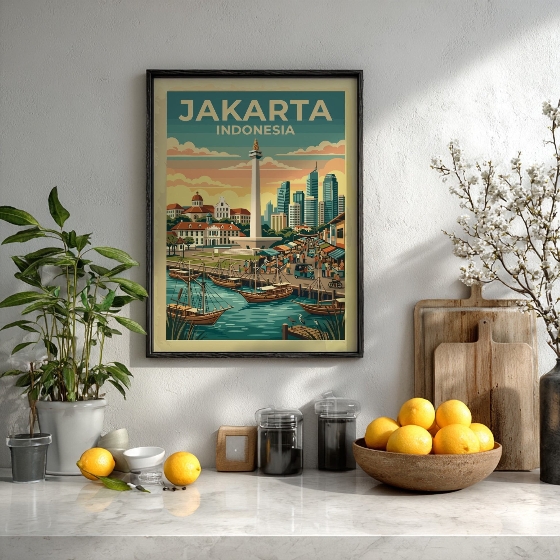 Jakarta Indonesia travel poster featuring the National Monument and traditional harbor boats at sunset.