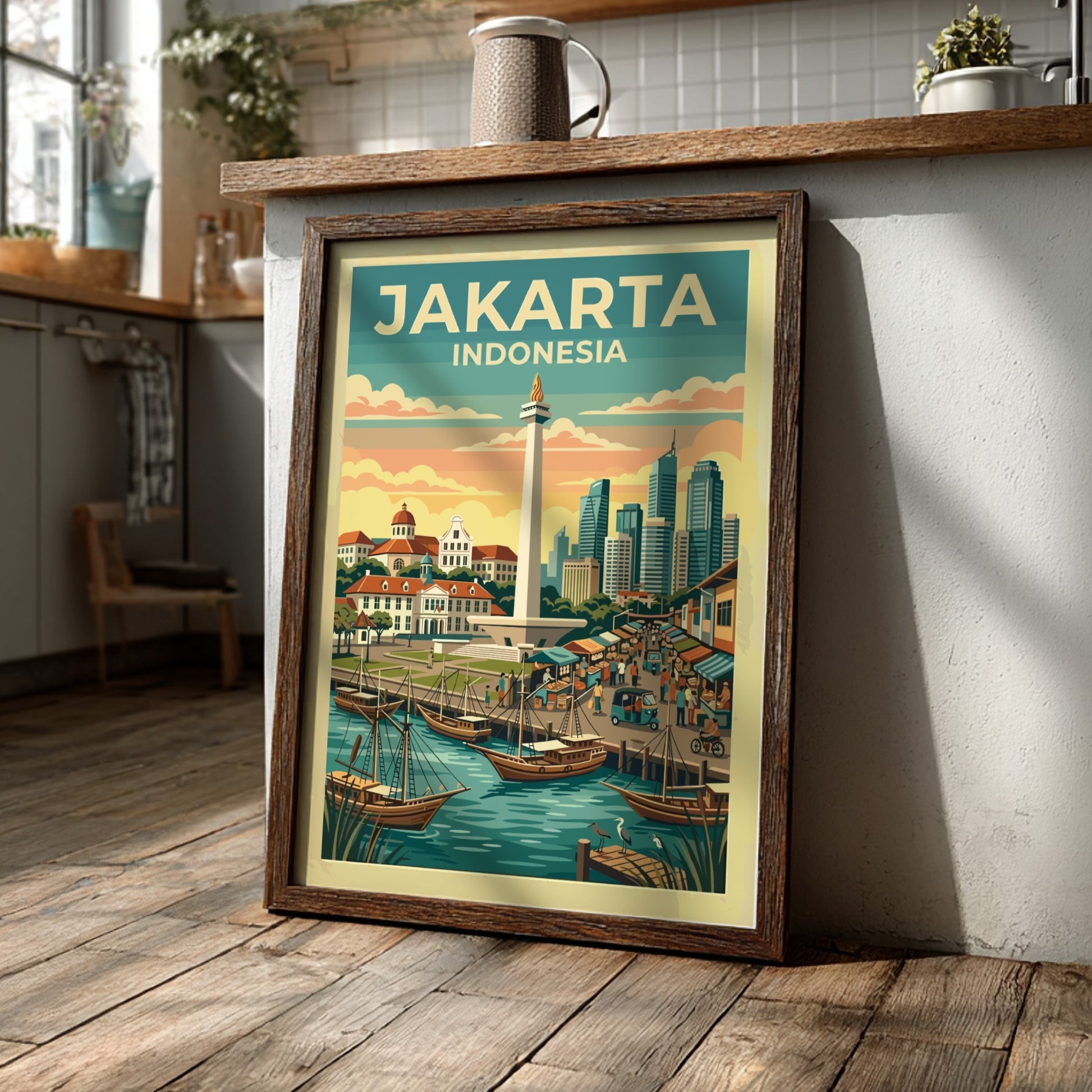 Jakarta Indonesia travel poster featuring the National Monument and traditional harbor boats at sunset.