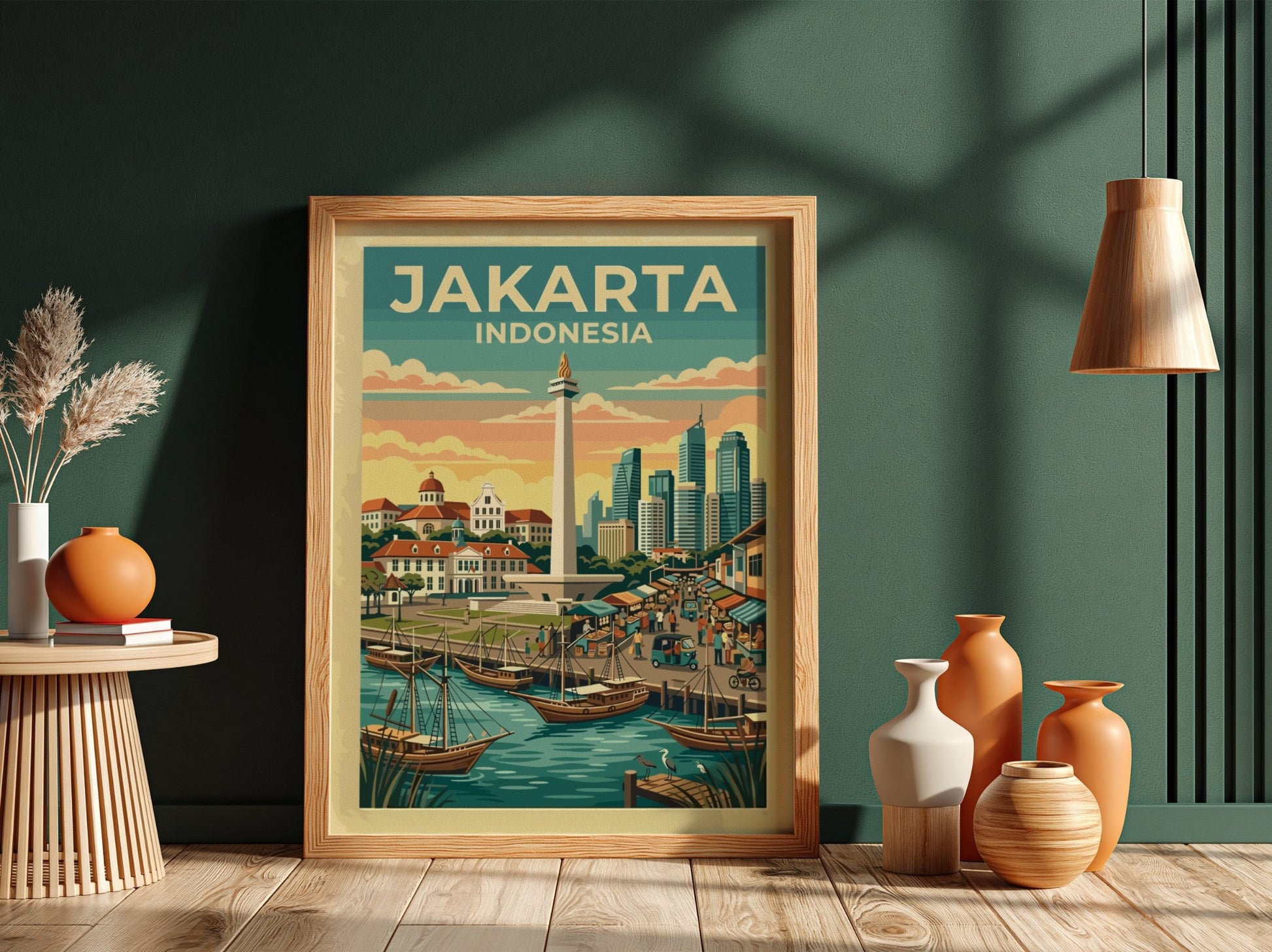 Jakarta Indonesia travel poster featuring the National Monument and traditional harbor boats at sunset.