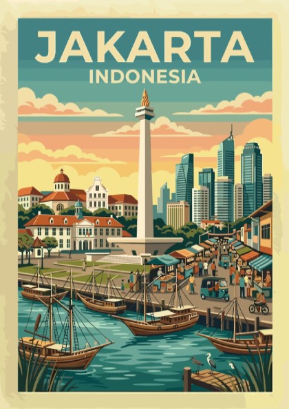 Jakarta Indonesia travel poster featuring the National Monument and traditional harbor boats at sunset.