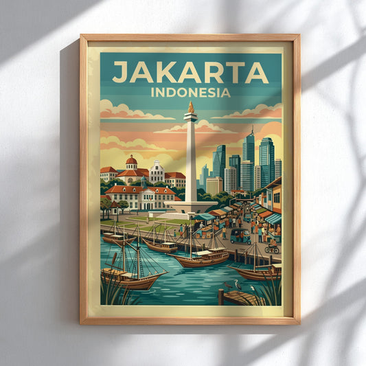 Jakarta Indonesia travel poster featuring the National Monument and traditional harbor boats at sunset.