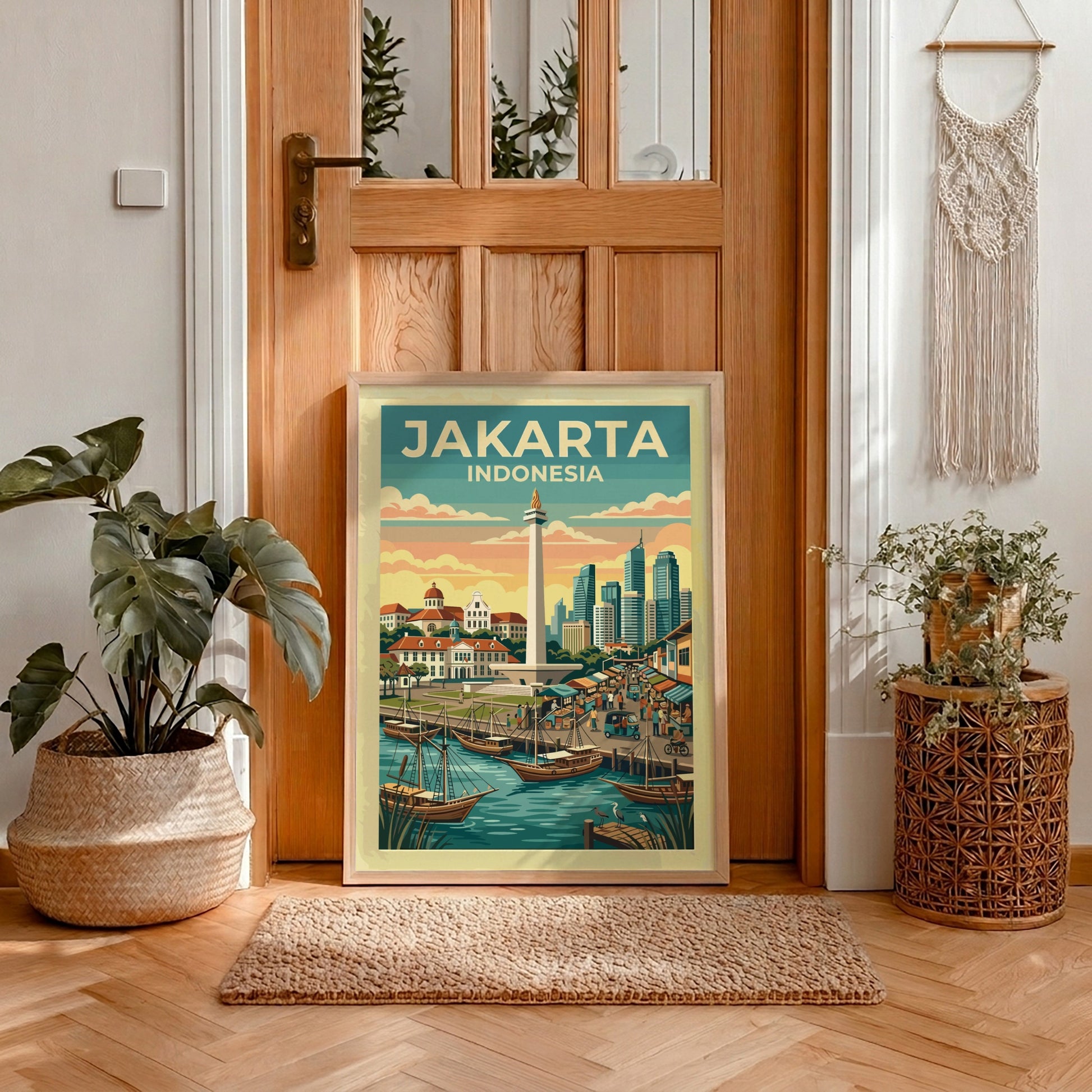 Jakarta Indonesia travel poster featuring the National Monument and traditional harbor boats at sunset.