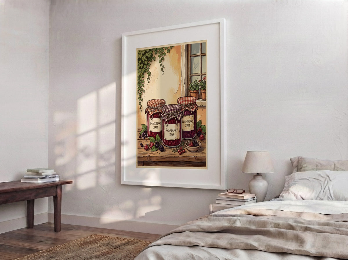 Kitchen poster featuring three jars of blackberry, raspberry, and wild berry jam on wood.