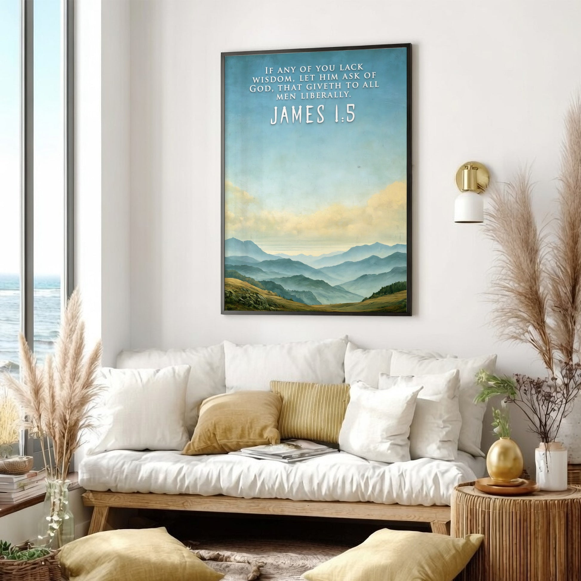 Poster featuring soft blue mountain ranges under a sky with James 1:5 text.