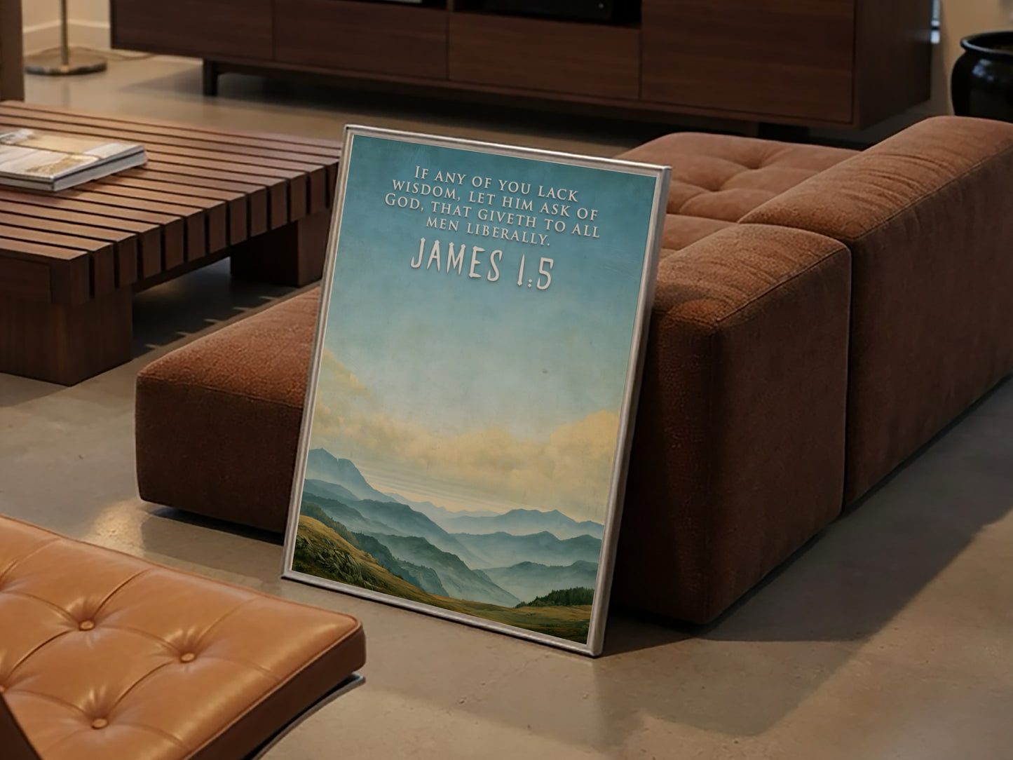 Poster featuring soft blue mountain ranges under a sky with James 1:5 text.