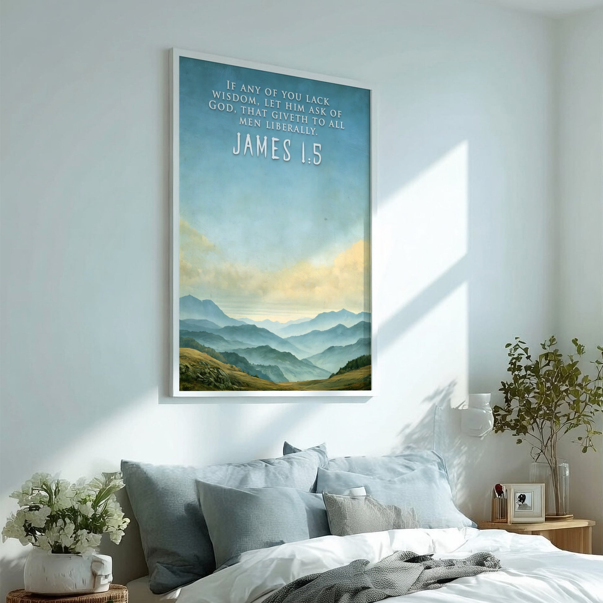Poster featuring soft blue mountain ranges under a sky with James 1:5 text.