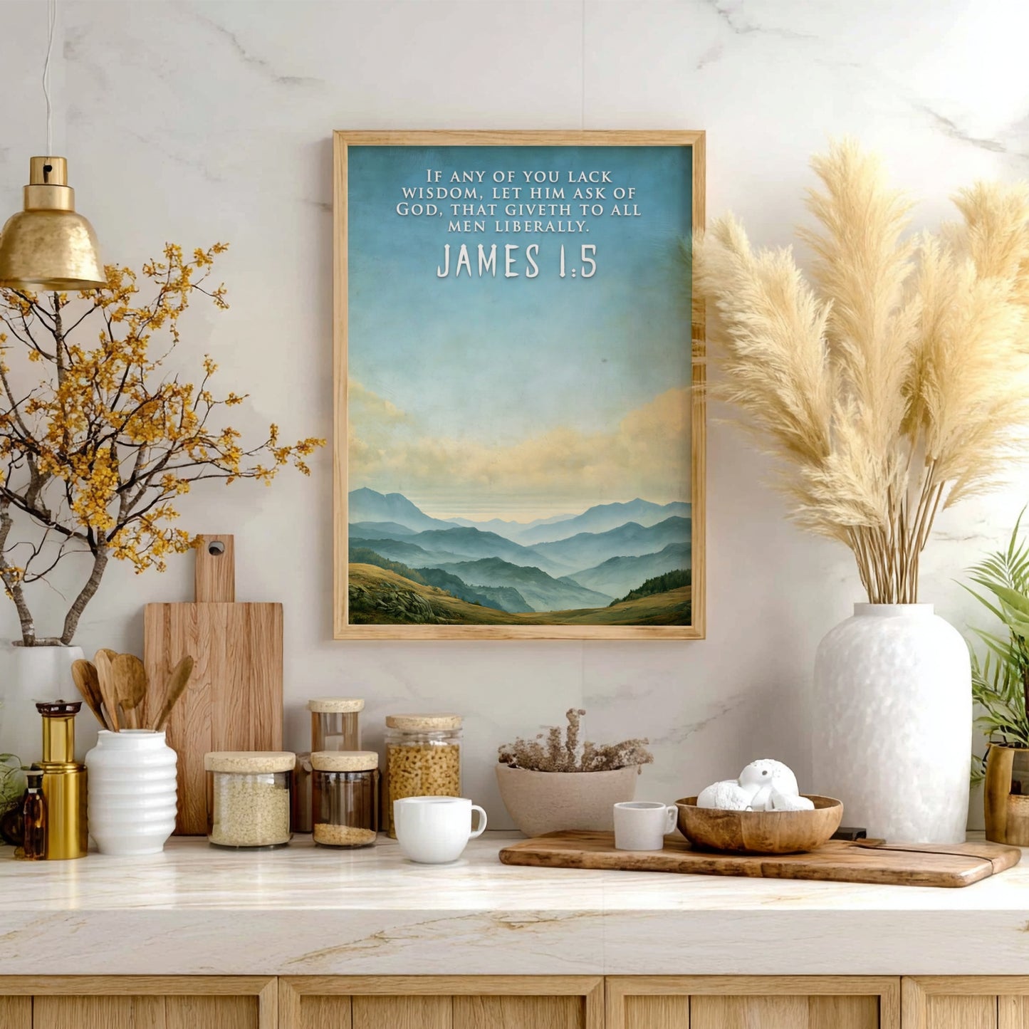 Poster featuring soft blue mountain ranges under a sky with James 1:5 text.
