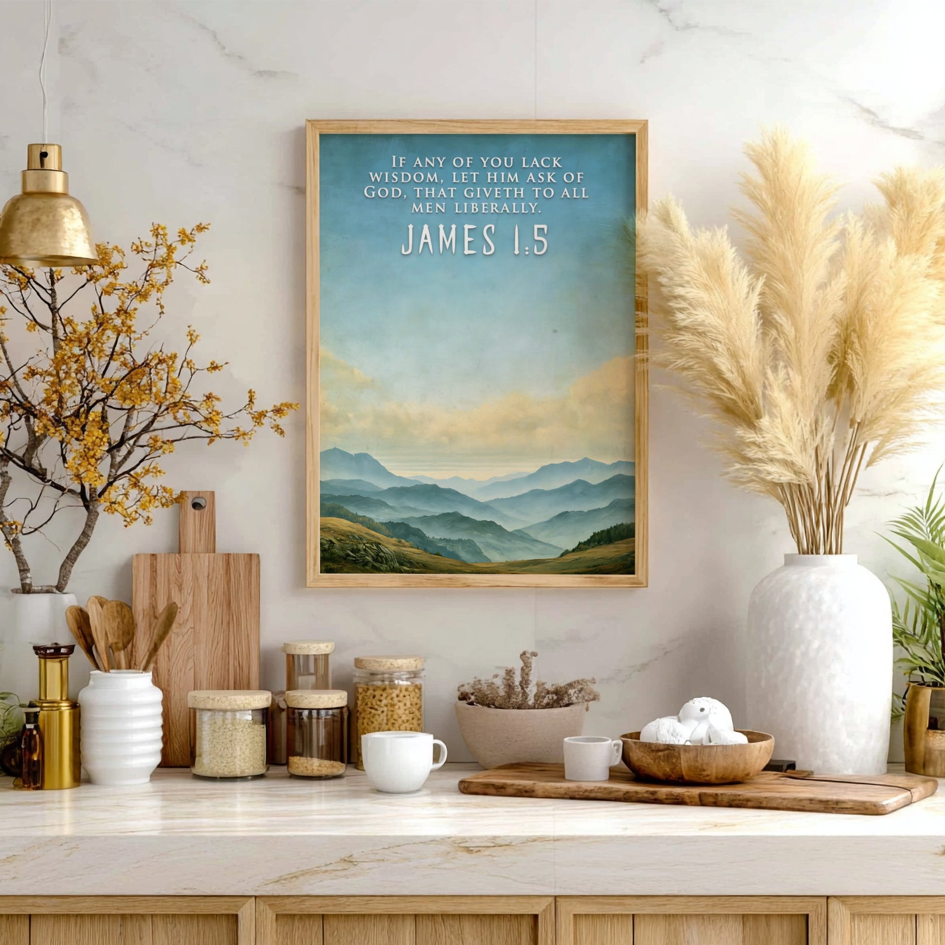 Poster featuring soft blue mountain ranges under a sky with James 1:5 text.