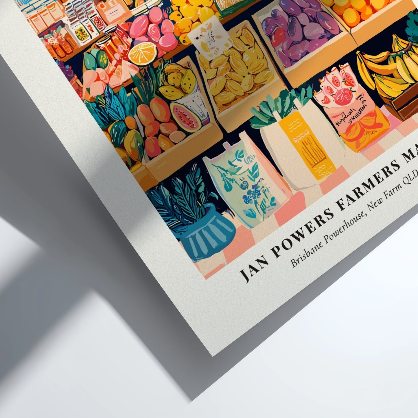 Farmers market poster featuring colorful fruits and vegetables in a vibrant style
