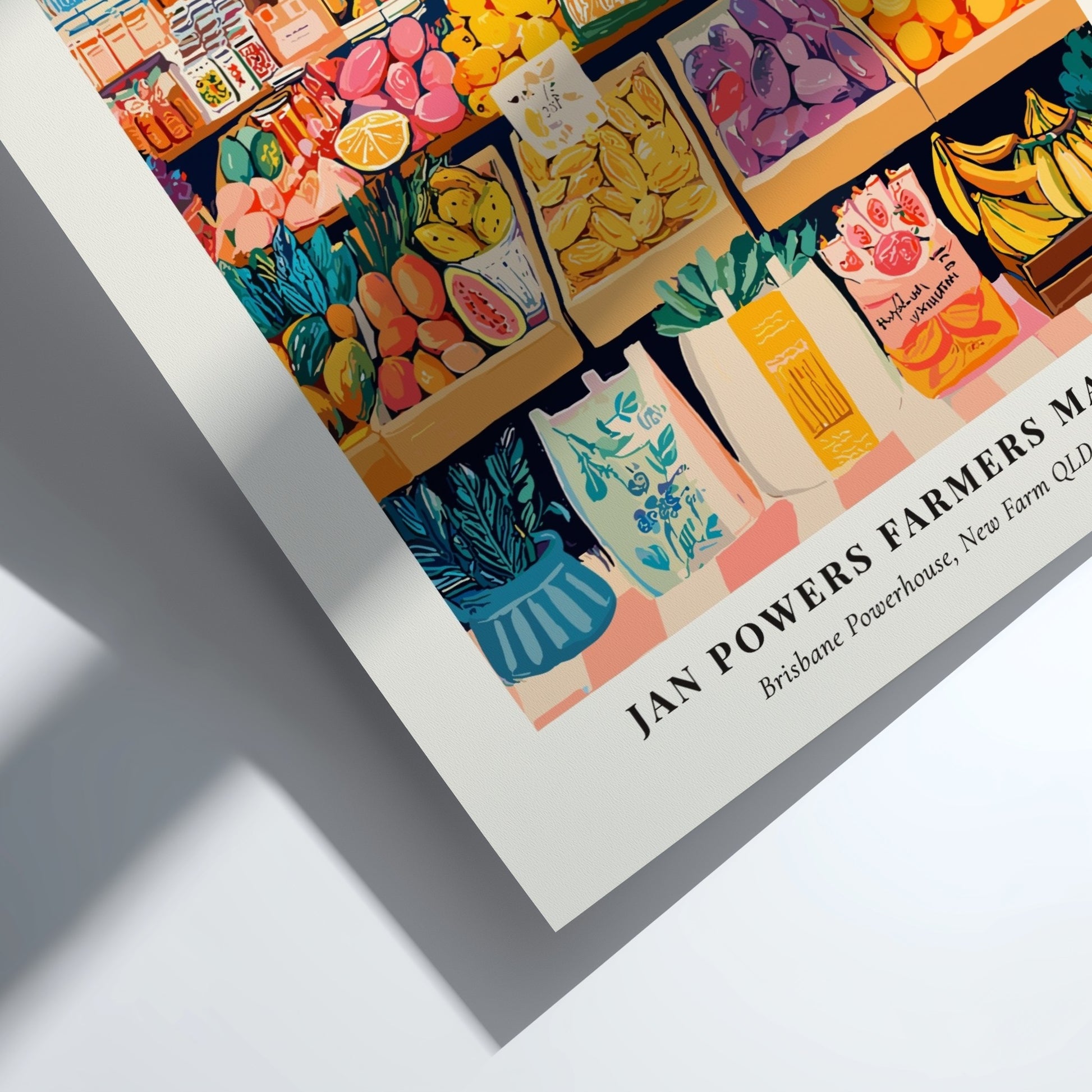 Farmers market poster featuring colorful fruits and vegetables in a vibrant style